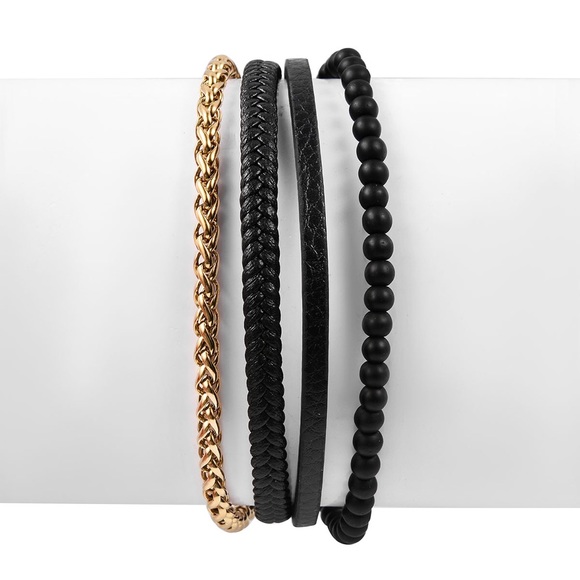 BLACK & GOLD FAUX LEATHER BRACELET QUARTZITE STEEL - Picture 2 of 7